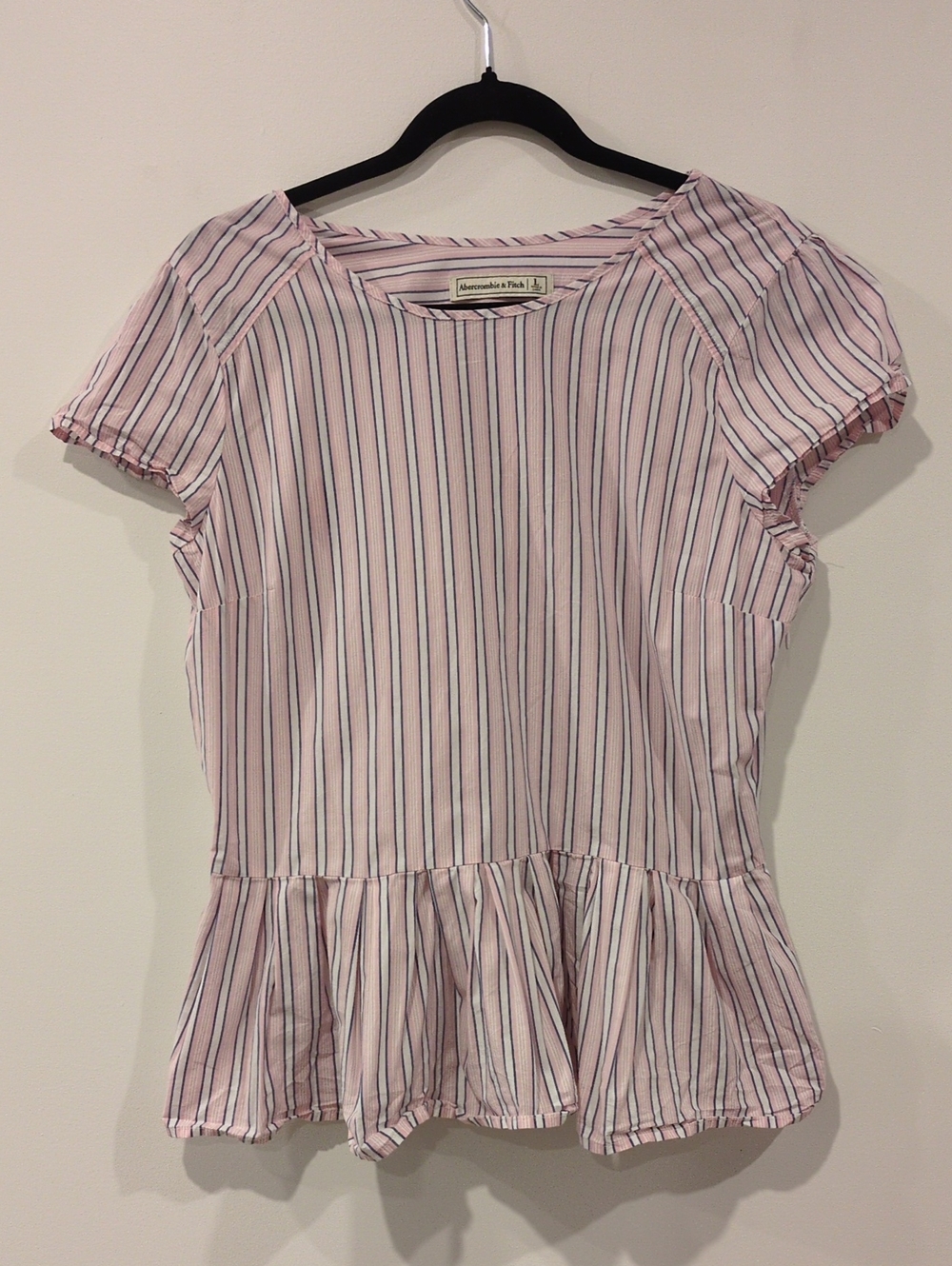 Abercrombie & Fitch Pink and Navy Striped Peplum Short Sleeve Top